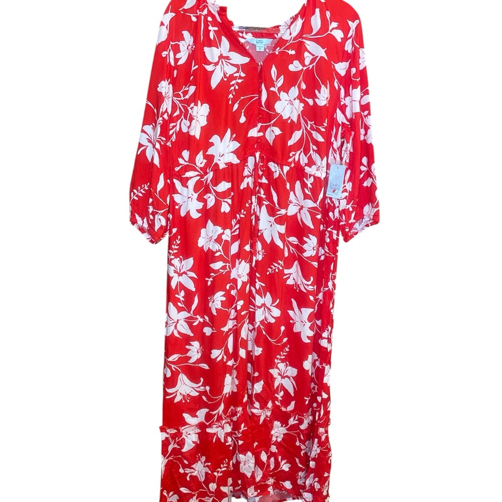 Croft & Barrow NWT Red Floral Maxi 1X Dress with White Hibiscus Print